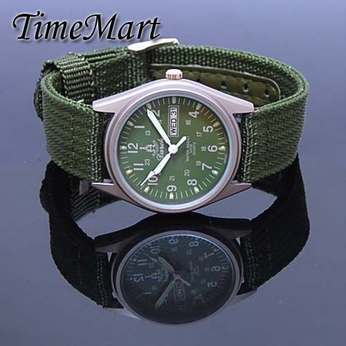 Daich Mens Ladies Nylon Band Military Watch Day Date Gift New Green 