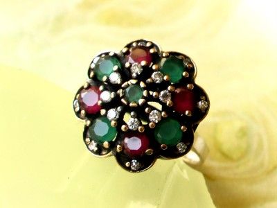 EMERALD, RUBY AND ZIRCONS PARTLY GOLDFILLED STERLING SILVER ARTISAN 