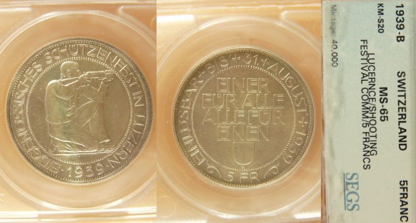 Switzerland Shooting Taler 1939B 5 Francs  