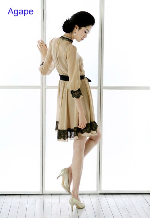 D1585 Korean Lady Style Bow Belt Lace Chiffon Dress  