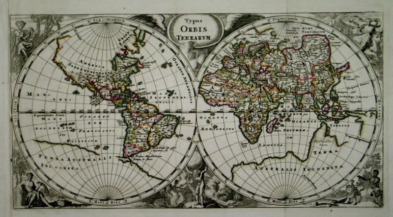 MAP OF THE WORLD COPPER ENGRAVING Philip Cluver   1697  