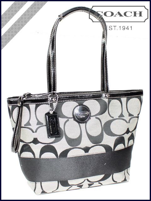 NEW COACH SIGNATURE STRIPE PURSE BLACK SATCHEL 17433 TOTE HANDBAG 