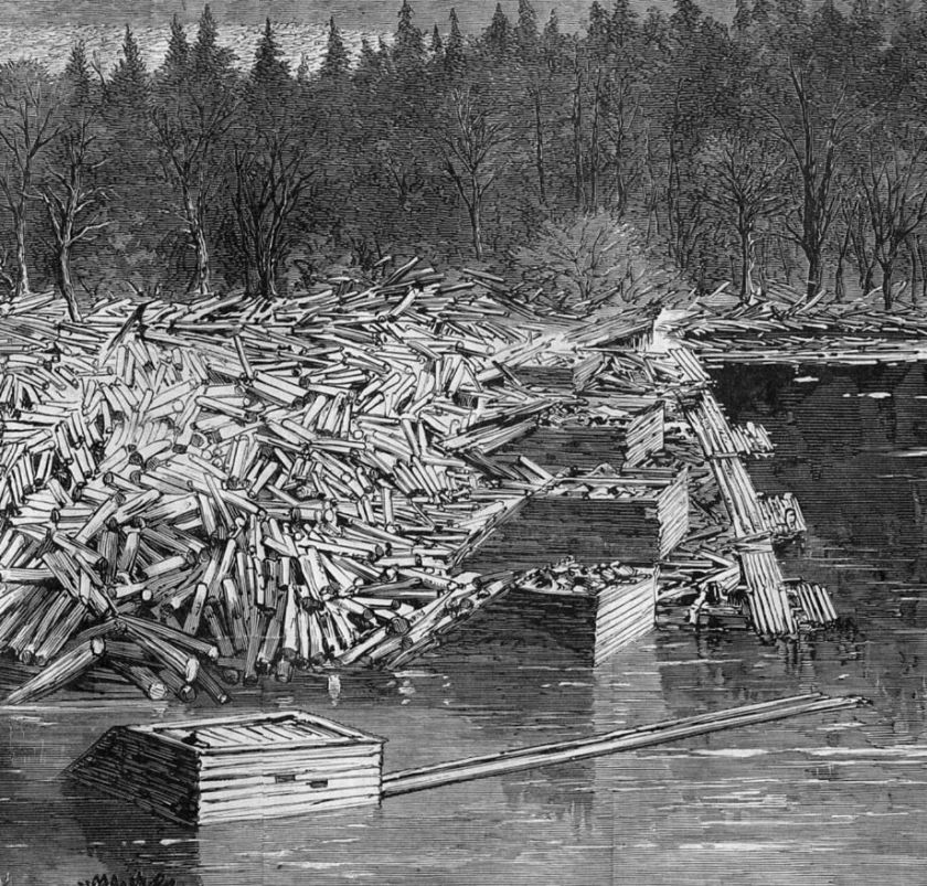 LOG JAM AT CHIPPEWA FALLS, WISCONSIN, LOGGING HISTORY  