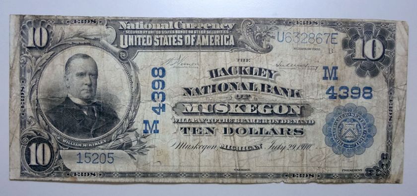 1902 $10 MUSKEGON MI. HACKLEY BANK VG F  