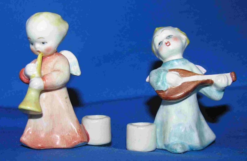   MINIATURE CERAMIC HAND PAINTED XMAS MUSIC ANGEL CANDLEHOLDERS 1920