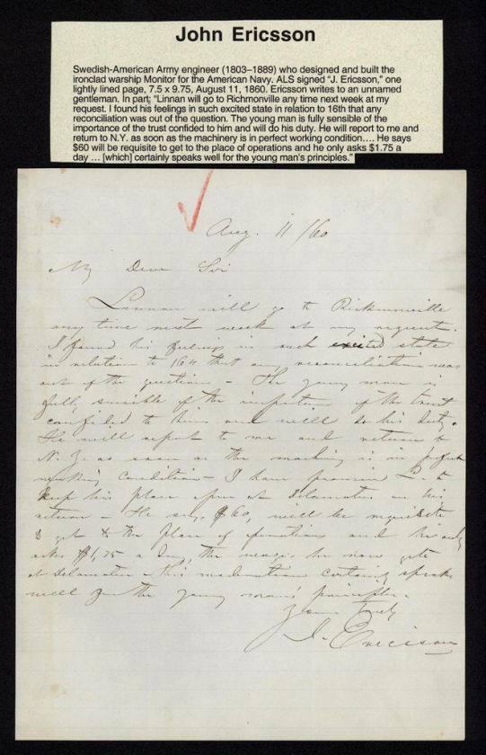 John Ericsson   Civil War Ironclad Monitor 1860 Letter  