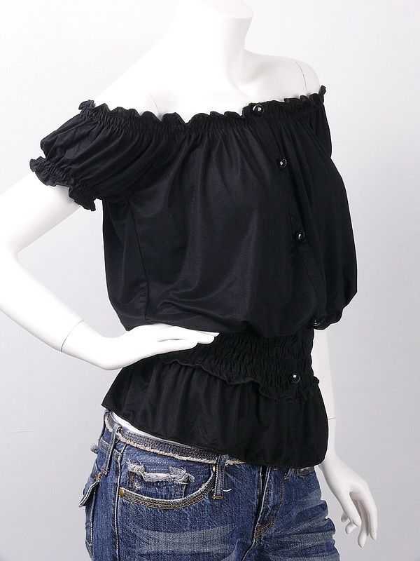 Peasant Black Off Shoulder Smocked Short Sleeve Top S M  