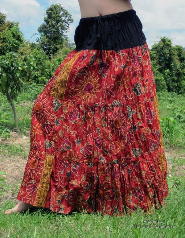 Bold Maroon Red Floral Print Crinkle Gypsy Skirt  