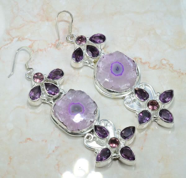 SOLAR QUARTZ+AMETHYST SILVER EARRINGS 3 1/2; S9460  