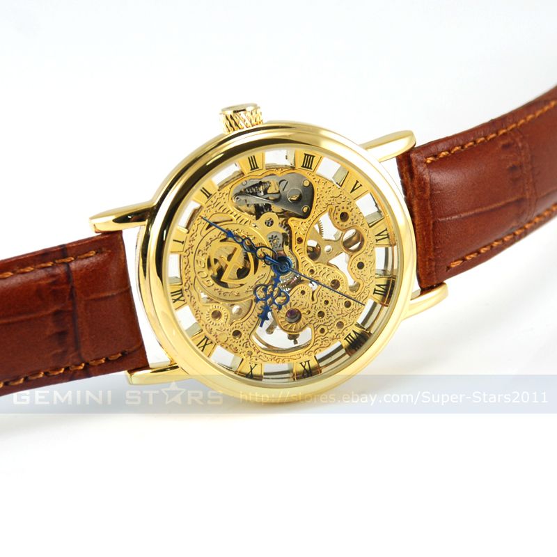 Holiday Gift Goer Luxury Golden Skeleton Mechanical Men Boy Lady 