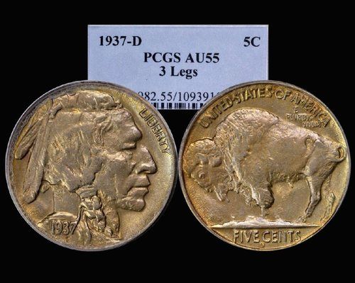 1937 D BUFFALO NICKEL ~ PCGS AU 55 THREE 3 LEGGED  