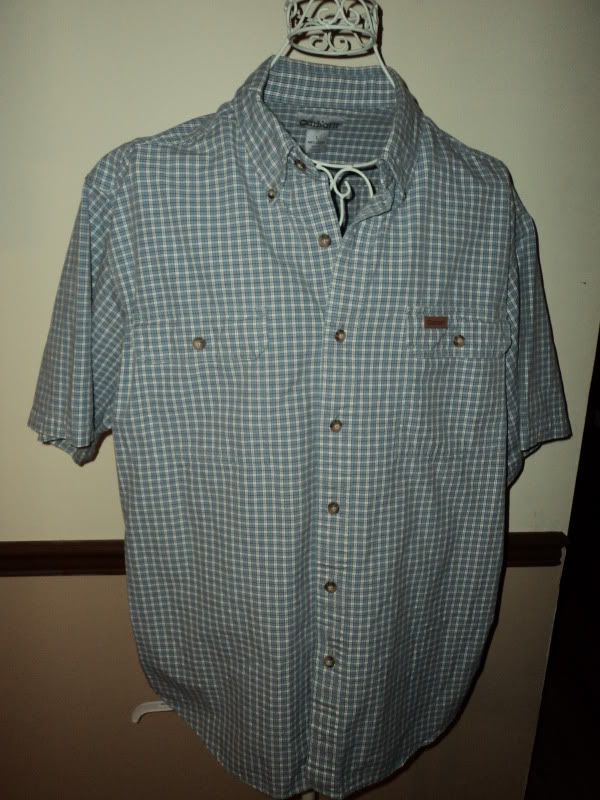 WOW~ CARHARTT SZ L BLUE WHITE CHECKED PLAID SHORT SLEEVE MENS BUTTON 