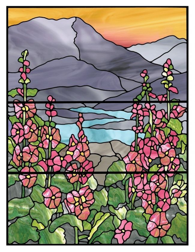 Faux stained glass window cling flowers mountains scenery sunblock 