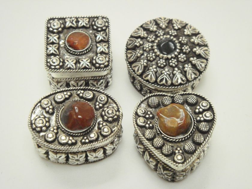 GEM STONE SHELL BRASS JEWELRY TRINKET WOOD BOX 4 PCS #CP 59A  