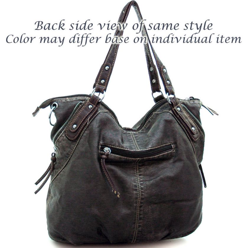 Soft fashion stone washed tote/ hobo bag w/ decorative pockets 