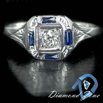 ART DECO OLD MINE CUT DIAMOND VINTAGE SAPPHIRE RING 18K  