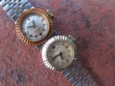 Two 1950s Rolex 18k Ladys Slide Charm Chameleon Watch Rose & White 