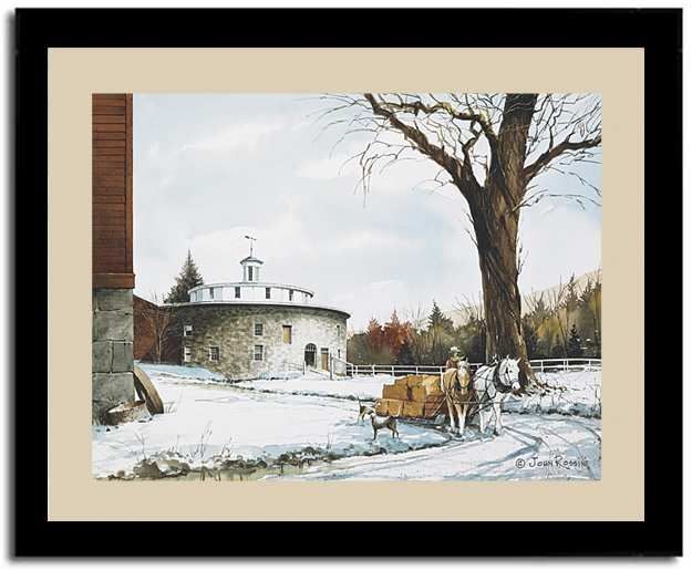 Americana Landscape Round Horse Stone Barn Art Framed  