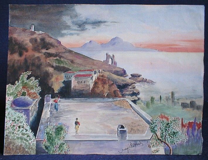 WATERCOLOR PAINTING c1940 MEDITERRANEAN SEA TERRACE DANCING  