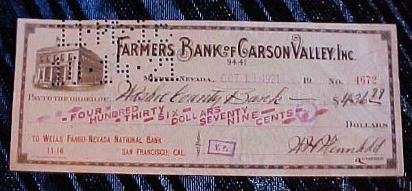     Carson Valley   Check   Minden Nevada   Washoe County Bank  