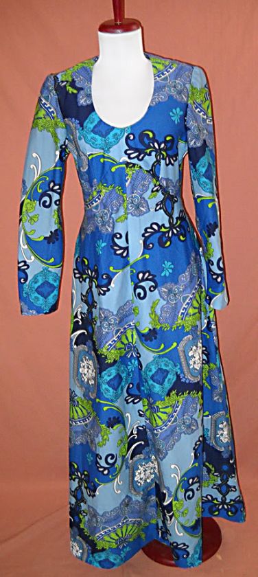   BLUE FLORAL scoop 80s PAISLEY MAXI long tall hawaiian waikiki  