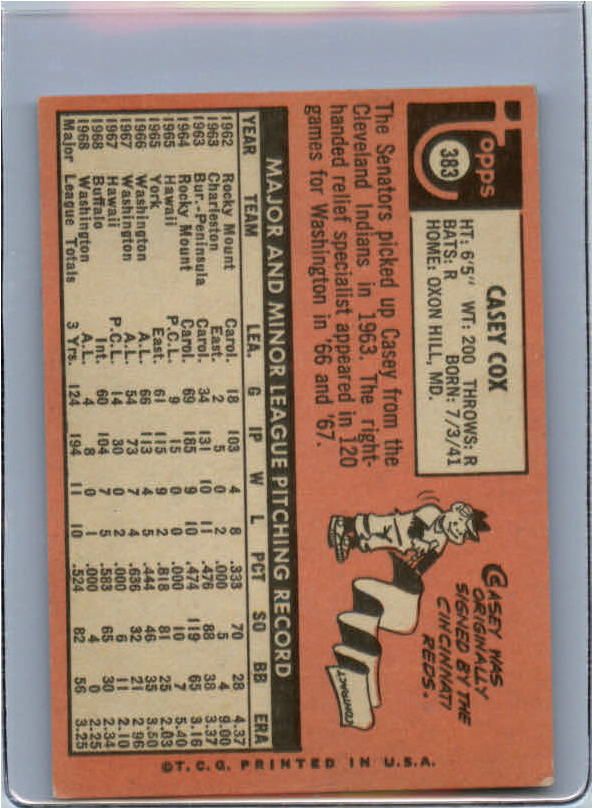 1969 Topps BB #383 Casey Cox Senators Bb69t 1105  