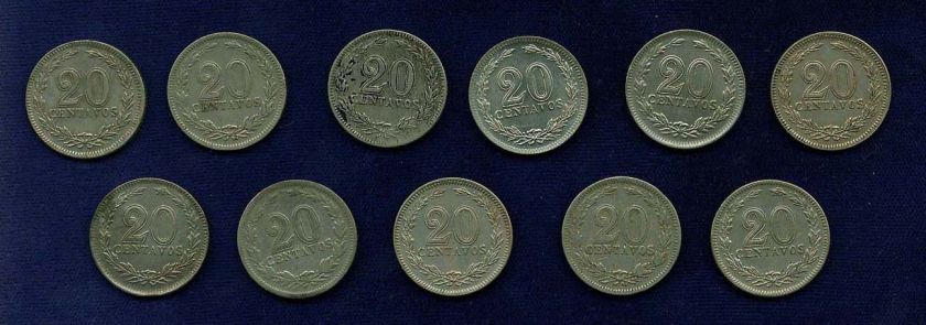 ARGENTINA   1914 1939  20 CENTAVOS COINS, GROUP LOT OF (11), GRADES 