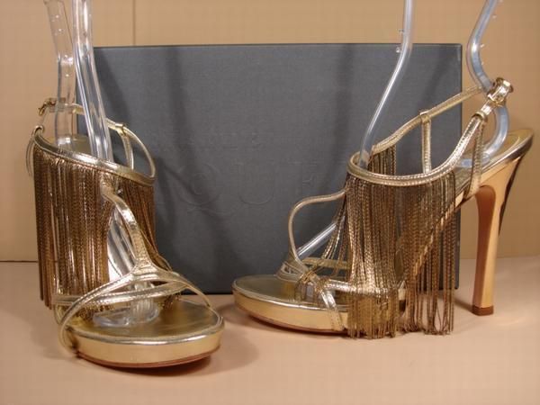 ALEXANDER MCQUEEN GOLD T STRAP FRINGE SANDALS HEELS 38  