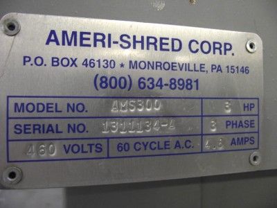 AMERI SHRED AMS 300 16 THROAT 1/4 COMMERCIAL PAPER SHREADER 460V 3HP 