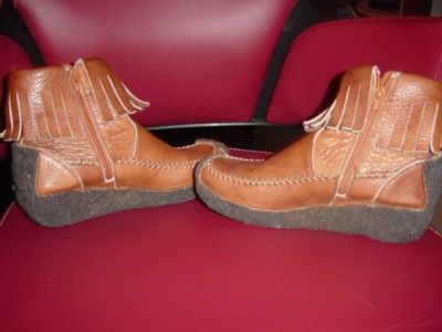 Frye Moccassin Fringe Brown Leather Zip Ankle Boots  