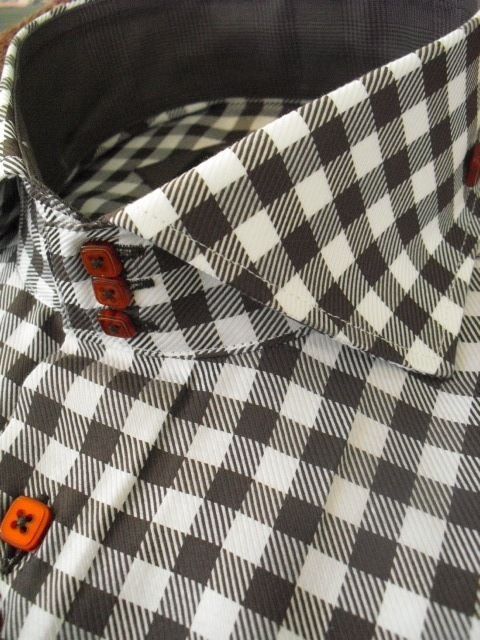 MENS AXXESS CUTAWAY HIGH COLLAR SHIRT BROWN GINGHAM CHECK FRENCH CUFFS 