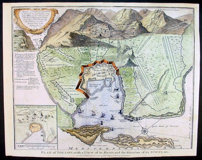 1745 Tindal Antique Map Siege of Toulon France in 1707  