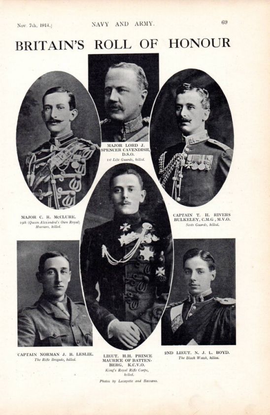 1914 PRINT ROLL OF HONOUR ~ MAJ CAVENDISH BATTENBURG &C  