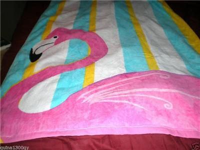 TROPICAL SUMMER CABANA STRIPE PINK FLAMINGO BEACH TOWEL  