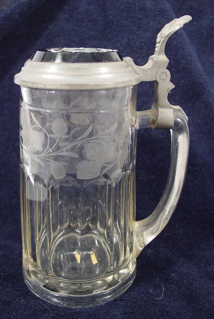 ANTIQUE GERMAN AMETHYST ENGRAVED & ENAMELED TOP GLASS STEIN  