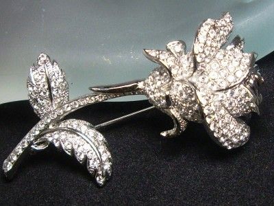   Set Crystal Rhinestone Long Stem Blooming Rose Flower Brooch  