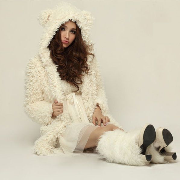 cream FAUX fox LAMB RACOON mink FUR TACTIC BEAR EAR HOOD FUZZY COAT 