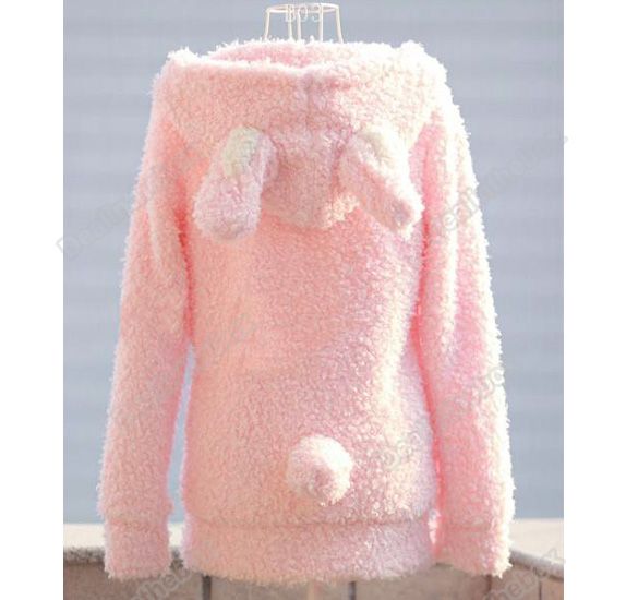 Womens Girls Cute Warm Bunny Ears Sherpa Hoodie Coat Jacket Outerwear 