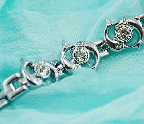 Women Silver Dolphin+Crystal Rhinestone Bracelet Watch  