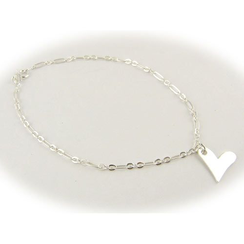 Sterling Silver Link Chain Flat Heart Charm BRACELET ITALY b159 