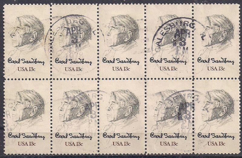 US stamps #1731   13¢ Carl Sandburg block of 10 used  