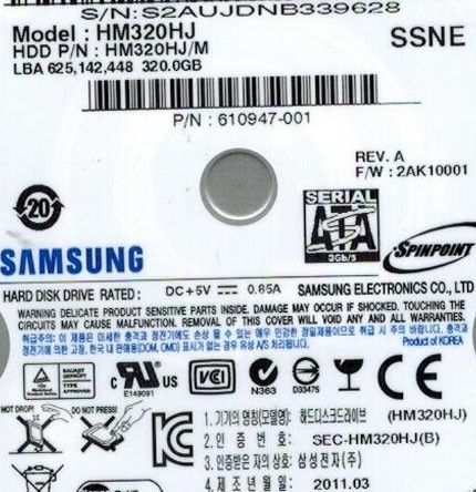 SAMSUNG Spinpoint HM320HJ 320GB P/N C3801 K12A AHC3I 8808993733255 