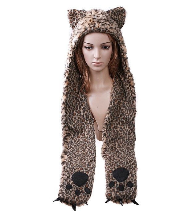 Cartoon Animal Leopard Plush Soft Warm Cap Hat Earmuff Scarf Dark 