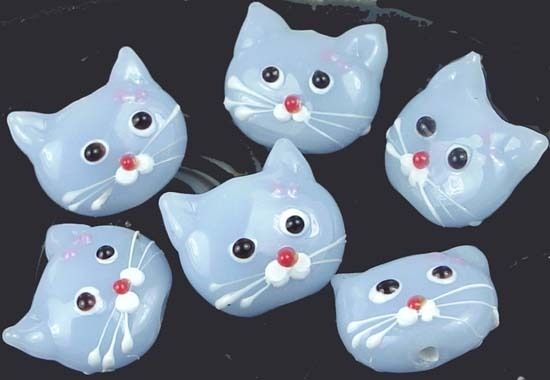 Lampwork Glass Cat Head Beads Periwinkle Blue 22mm (6)  