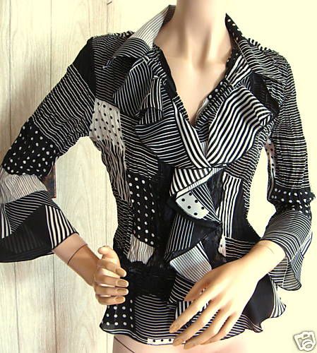 Womens Crinkled Black & Cream Kriss Sweden Blouse S  