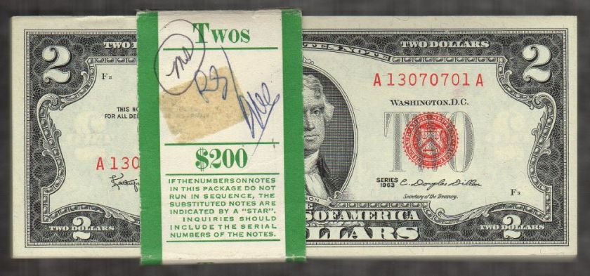 1963 $2 LEGAL TENDER CCU PACK 100 RED SEALS  