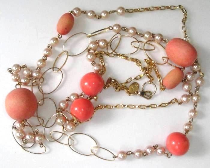 Long Peach Bead & Faux Pearl Necklace Signed Bonnie J  