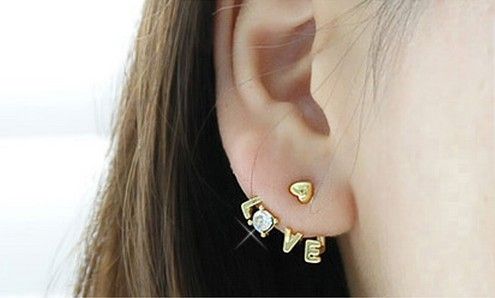   Plated 4 Colors Rhinestone Heart Love Letter Ear Stud Earring  