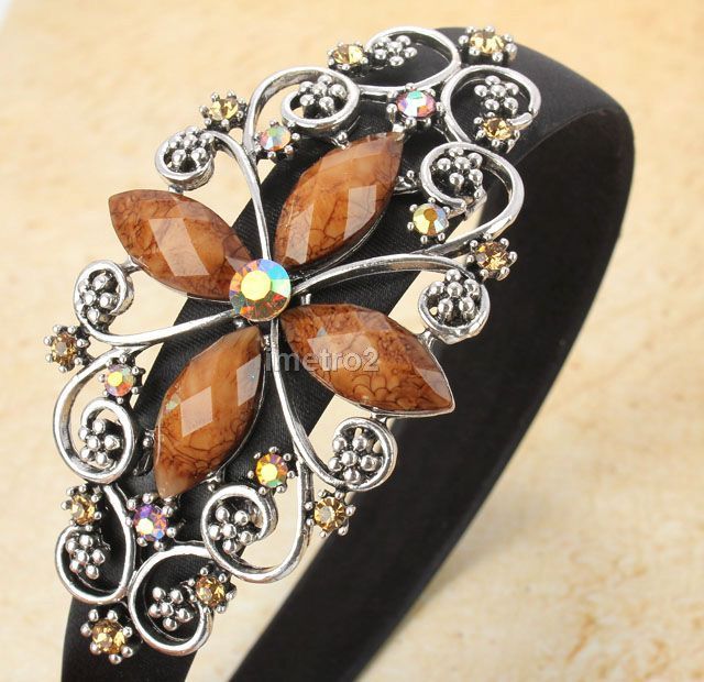 Brown gems flower scroll vine tibet silver hairband headband swarovski 