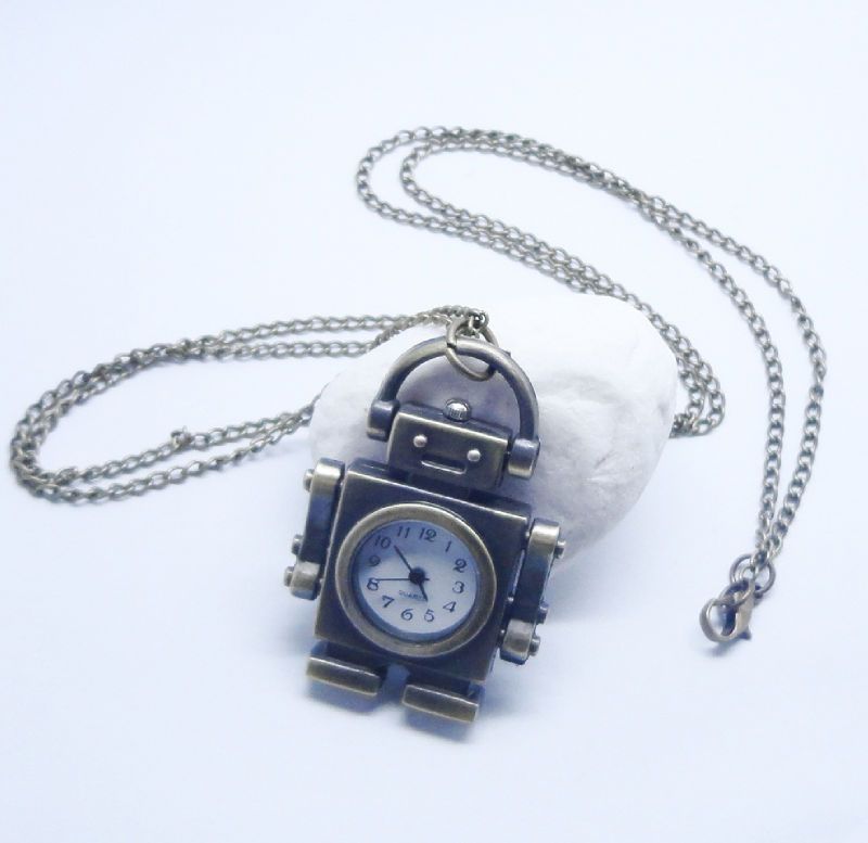 Fancy Clock Necklace Chain Robot Quartz Pocket Watch  